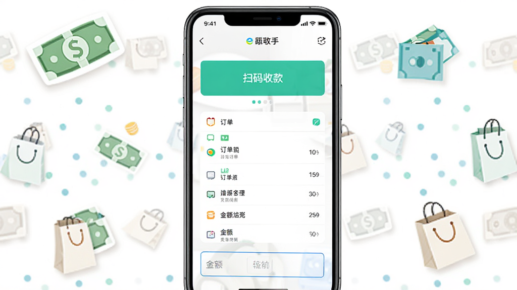 店铺e助手移动收银功能界面图,手机屏幕显示收银台界面,包含扫码收款按钮、订单列表、金额输入框,背景为白色,周围有钞票图标和购物袋图标装饰,风格清新简洁,高清画质,干净无多余元素