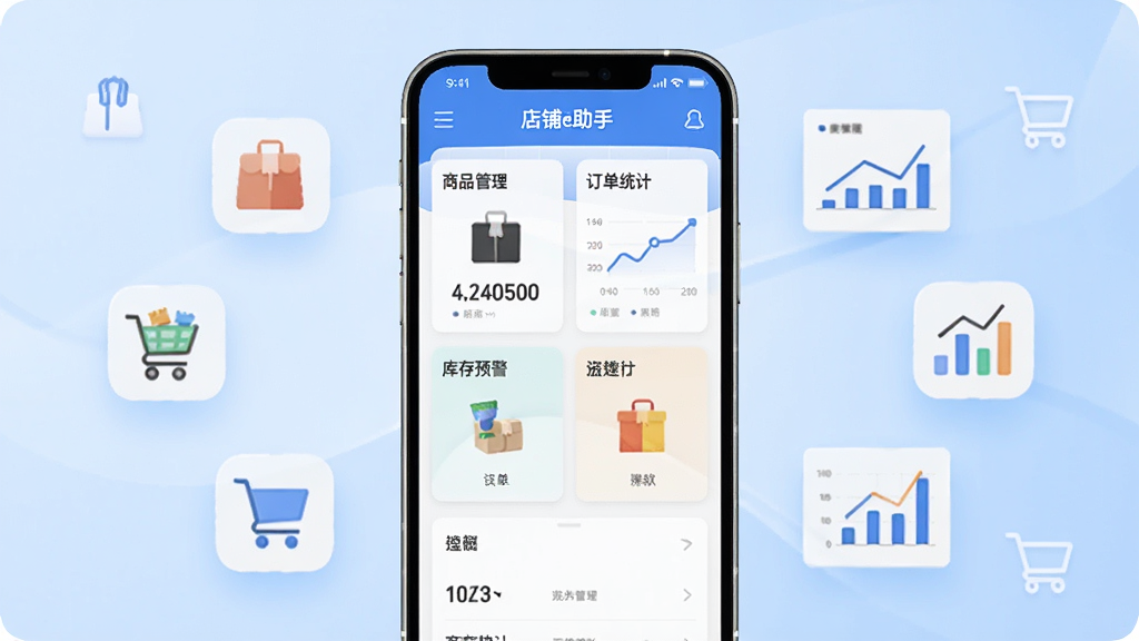 店铺e助手软件主界面预览图,画面中央展示一部智能手机,手机屏幕上显示店铺e助手应用的主页界面,包含商品管理、订单统计、库存预警等卡片式功能模块,背景为浅蓝色渐变,周围环绕商品图标、购物车图标、数据图表等元素,整体风格简洁商务,高清画质,干净无多余元素