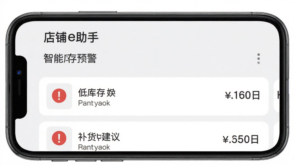 店铺e助手智能库存预警功能界面图,手机屏幕显示库存预警列表,红色感叹号标注低库存商品,旁边显示补货建议数量,背景为浅灰色,风格简洁实用,高清画质,干净无多余元素