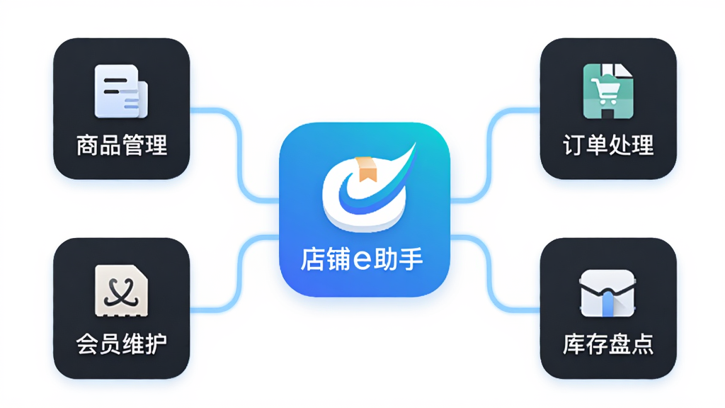 店铺e助手一站式管理功能展示图,画面中央为店铺e助手应用图标,四周环绕商品管理、订单处理、库存盘点、会员维护、数据统计五个功能模块的图标,图标之间用淡蓝色线条连接,背景为白色,风格简洁商务,高清画质,干净无多余元素