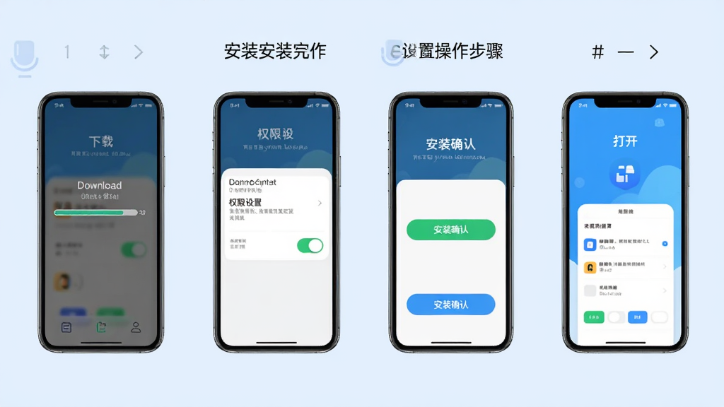 店铺e助手安装设置操作步骤示意图,画面展示手机屏幕从下载到安装完成的四个步骤截图,包含下载进度条、权限设置开关、安装确认按钮、打开应用界面,背景为浅蓝色,风格简洁明了,高清画质,干净无多余元素