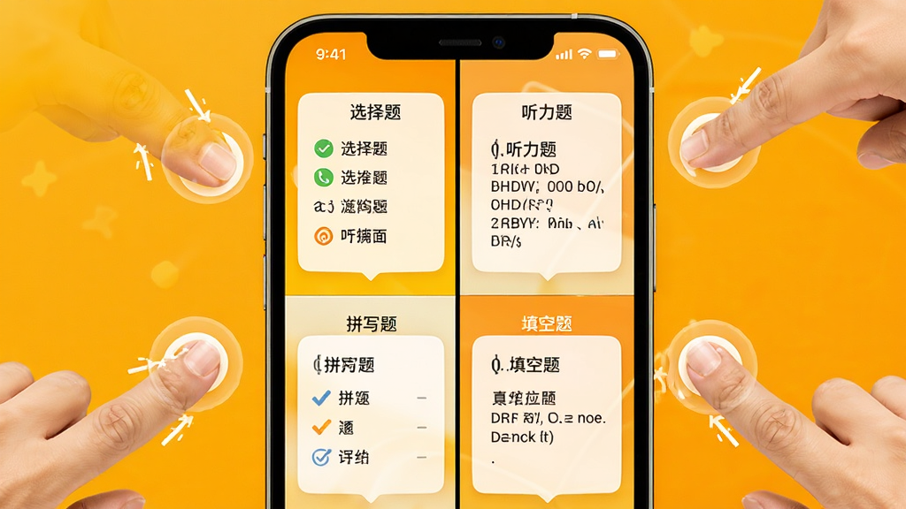 一个手机屏幕分屏展示四种不同的学习模式界面,分别是选择题、听力题、拼写题和填空题,屏幕周围有手指点击的动画轨迹,背景是明亮的橙黄色调,风格活泼明快,细节清晰,画质优良,干净无多余元素
