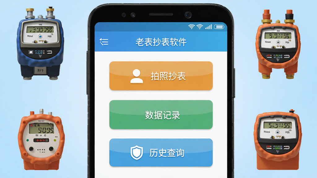 老表抄表软件主界面截图,画面中央展示一部安卓手机,手机屏幕上显示老表抄表APP的首页界面,包含拍照抄表、数据记录、历史查询三个主要功能按钮,背景为浅蓝色渐变,手机周围环绕水电表、燃气表等图标元素,整体风格简洁清新,画质清晰干净,无多余装饰元素