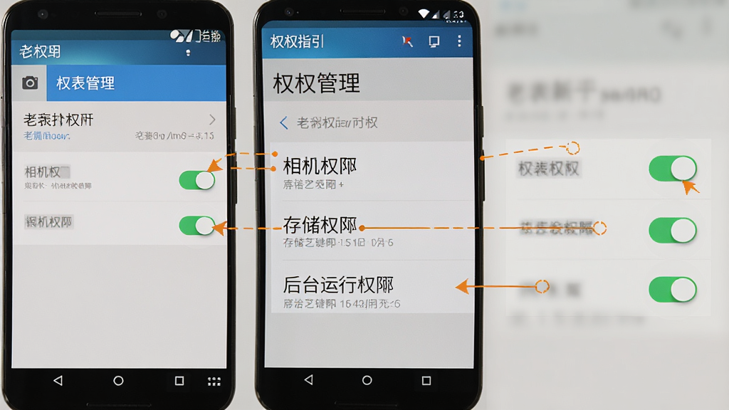 老表抄表新手安装设置指引图,画面展示安卓手机设置界面中权限管理页面,标注出相机权限、存储权限、后台运行权限三个关键设置项,界面风格为原生安卓设置页面,画质清晰,布局规整,重点突出权限开关按钮