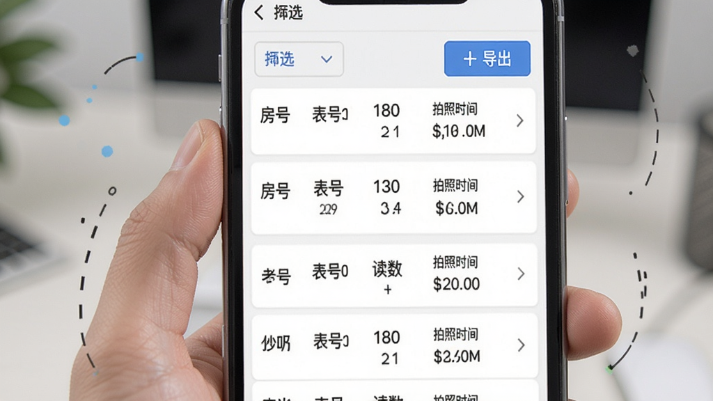 老表抄表数据管理列表界面,画面展示手机屏幕上排列整齐的抄表记录列表,每条记录包含房号、表号、读数、拍照时间等信息,列表顶部有筛选和导出按钮,整体排版清晰规范,风格简约商务,画质清晰干净