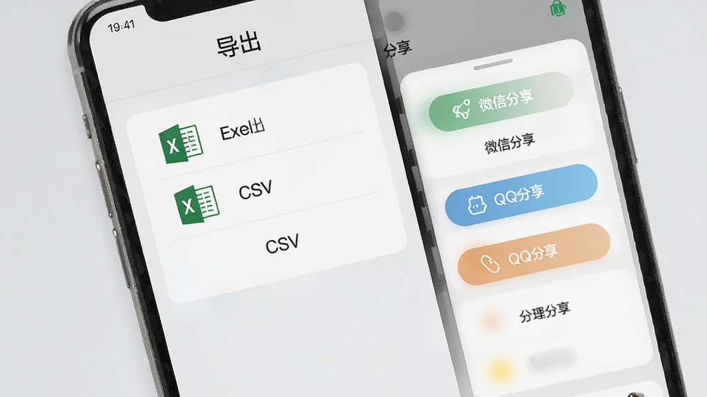 老表抄表数据导出分享功能界面,画面展示手机屏幕上的数据导出选项和分享面板,包含Excel导出、CSV导出、微信分享、QQ分享等按钮,背景为浅灰色,风格清爽素雅,画质高清,无多余装饰