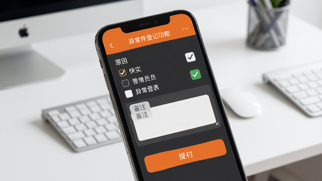 派小橙快递员异常件登记功能,画面展示手机屏幕上的异常登记表单,包含原因选项与备注输入框,背景为简洁的办公桌面,布局为手机特写,排版清晰,风格为扁平化工具风,细节包含勾选状态与提交按钮,画质高清,干净,无多余元素