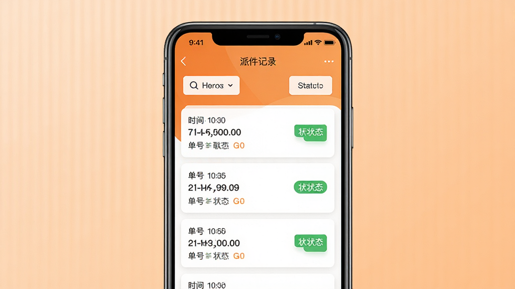 派小橙快递员派件记录管理界面,画面中央是手机屏幕展示派件历史列表,每条记录包含时间、单号与状态标签,背景为浅橙色渐变,布局为居中展示,排版整齐,风格为清爽商务风,细节包含筛选按钮与状态色块,画质高清,干净,无多余元素
