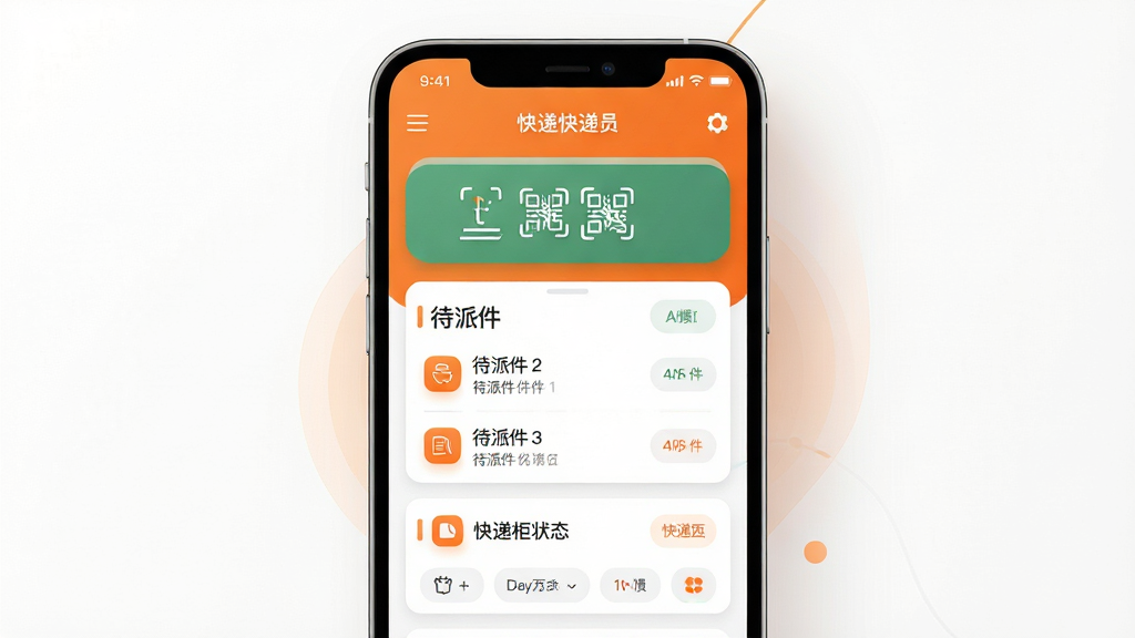 派小橙快递员软件主界面展示,画面中央是一部竖屏智能手机,屏幕上显示快递派件工作台,包含扫码入口、待派件列表和快递柜状态卡片,背景是简洁的橙白配色,主体突出,布局居中,排版清晰,风格为现代扁平化科技风,细节包含圆角图标与柔和阴影,画质高清,干净,无多余元素