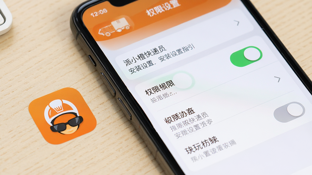 派小橙快递员安装设置指引,画面展示手机屏幕上的权限设置页面与软件图标,背景为简洁的浅色桌面,布局为手机界面特写,排版上突出权限开关与软件名称,风格为实用教程风,细节包含设置选项与提示文字,画质高清,干净,无多余元素