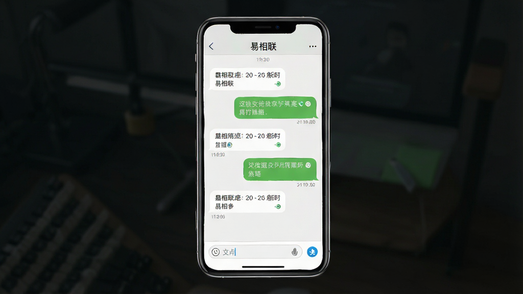 一张展示手机APP界面设计稿的图片,画面中央是“易相联”的聊天对话窗口,左侧为接收消息气泡,右侧为发送消息气泡,底部输入框清晰可见,整体布局为手机屏幕竖版展示,风格为扁平化UI设计,细节包括时间戳、已读回执小图标,画质高清,背景干净,无杂乱元素。