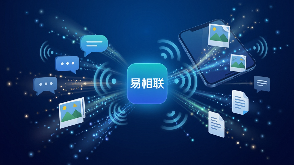 一张展示数据流在手机与云端服务器之间高速传输的概念图,画面中央是“易相联”软件图标,周围环绕着代表消息气泡、图片缩略图和文档图标的元素,布局为放射状发散构图,风格为科技感数据可视化,细节包括光点拖尾和信号波纹,画质清晰,背景为深蓝色渐变,无多余文字。