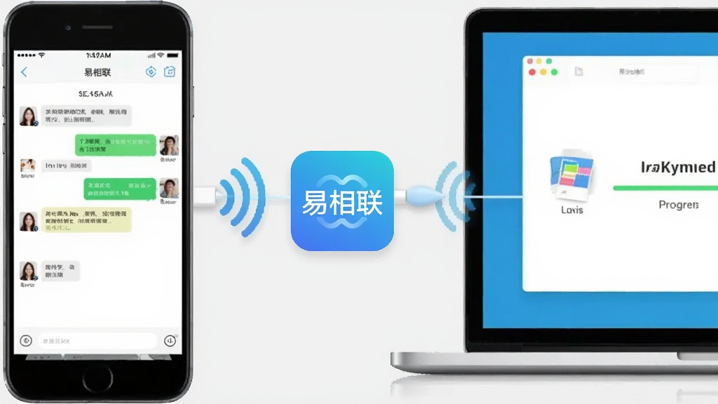 一张展示智能手机与笔记本电脑通过无线网络连接互传文件的图片,画面中央是“易相联”软件图标悬浮在设备之间,布局为左右分列构图,风格为多端互联概念图,细节包括手机屏幕显示聊天界面、电脑屏幕显示文件传输进度条,画质清晰,背景为浅灰色,无多余元素。