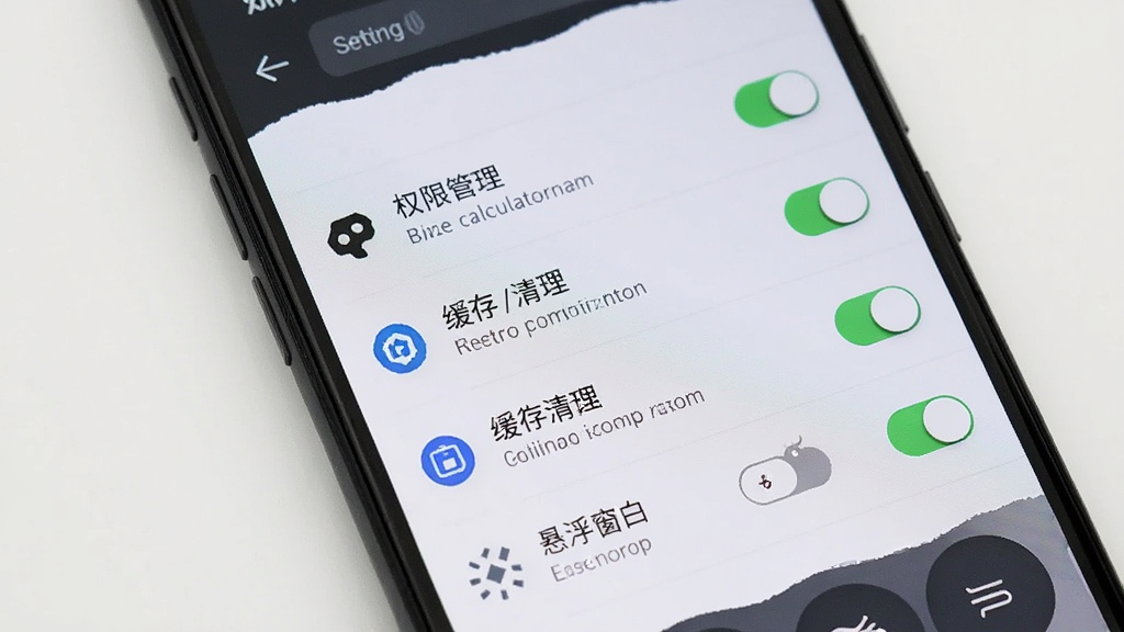 一部手机展示墨鱼通用计算器的设置页面,屏幕中显示权限管理、缓存清理、悬浮窗开关等选项,主体为手机屏幕特写,布局为纵向设置列表,风格为清爽素雅风,细节包含开关按钮与图标,画质高清,干净,无多余元素