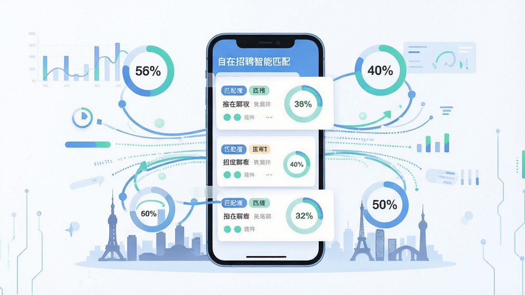 一张表现自在招聘智能匹配功能的图片,画面为手机屏幕展示推荐职位卡片,周围环绕数据流动线条与匹配度百分比图标,主体为手机与数据可视化元素,布局为居中构图,排版简洁,风格为科技感扁平插画风格,细节包括职位标签、匹配度圆环、城市地标剪影,画质高清,干净,无多余元素