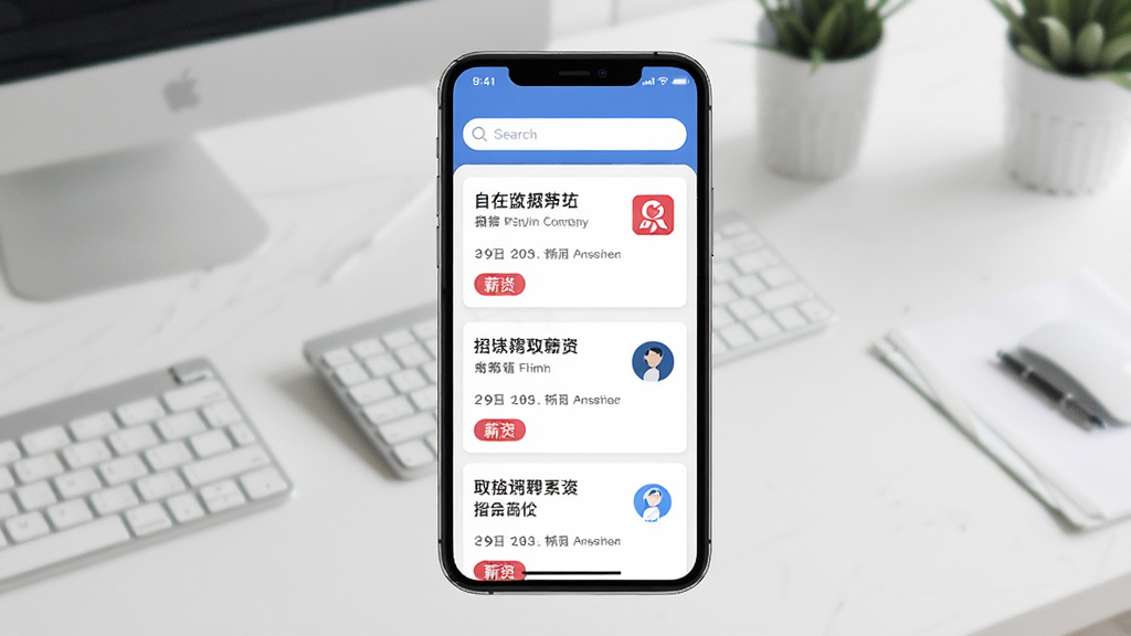 一张展示自在招聘移动端应用界面的图片,画面中央是一部智能手机,屏幕显示招聘岗位列表与搜索栏,背景为简洁的办公桌场景,主体为手机与界面,布局居中,排版清晰,风格为现代扁平化UI展示风格,细节包括职位卡片、薪资标签、公司logo图标,画质高清,干净,无多余元素