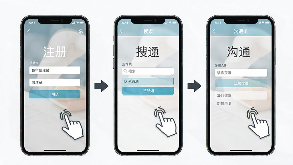 一张展示自在招聘移动端操作流程的图片,画面为手机屏幕分步展示注册、搜索、沟通三个界面,主体为三部并排的手机,布局为横向排列,排版整齐,风格为简洁教程示意图风格,细节包括步骤箭头、界面高亮区域、操作手势图标,画质高清,干净,无多余元素