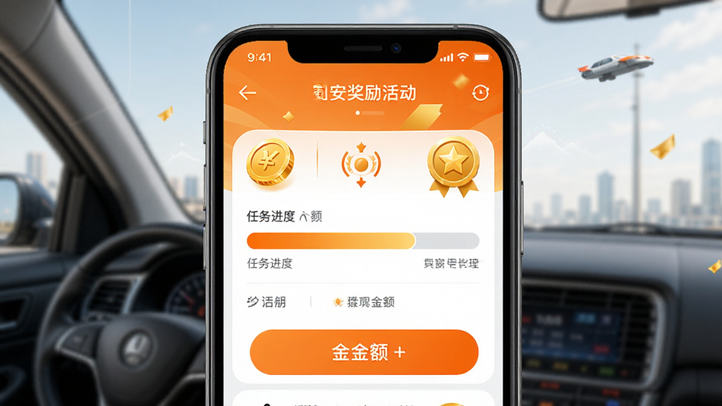 安安用车优行司机端 司机奖励活动界面 手机屏幕显示任务进度条和奖励金额 界面有金币和徽章图标 配色明亮 橙色和金色点缀 风格激励向上 高画质 干净 无多余元素