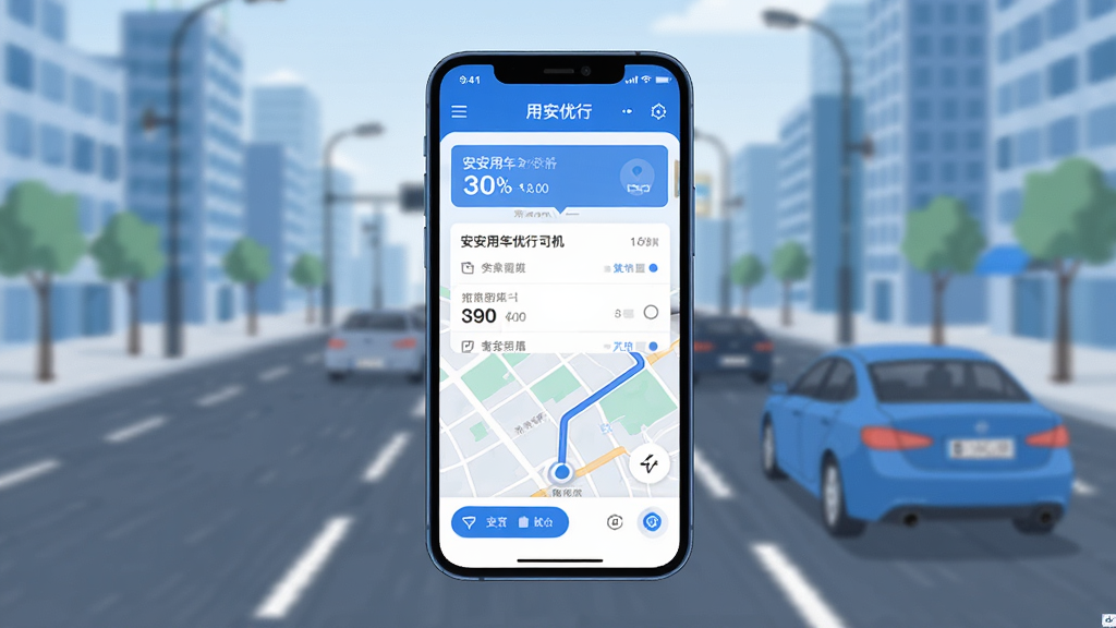 安安用车优行司机端 手机应用界面展示 主色调为蓝色和白色 画面中央是一部智能手机 屏幕上显示着订单列表和地图导航界面 背景是城市道路和行驶中的汽车 整体风格简洁现代 扁平化设计 细节清晰 高画质 干净 无多余元素