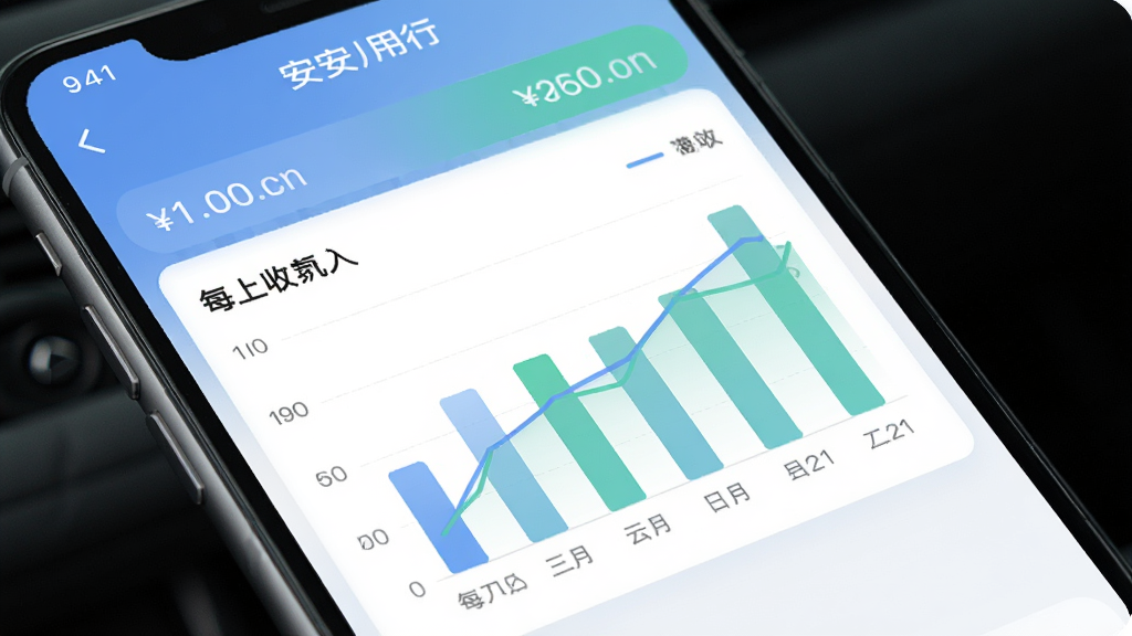 安安用车优行司机端 收入统计图表界面 手机屏幕显示柱状图和折线图 展示每日收入变化 界面有金额数字和日期标签 配色柔和 蓝色和绿色为主 风格商务简洁 高画质 干净 无多余元素