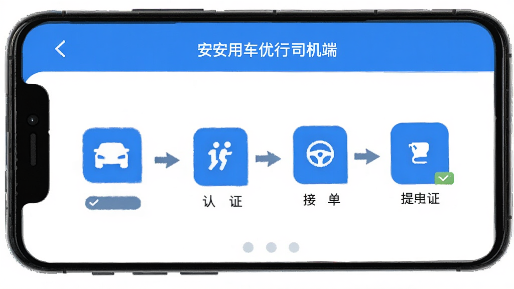 安安用车优行司机端 新手操作指引界面 手机屏幕显示步骤引导页面 包括注册 认证 接单 提现等流程图示 界面简洁明了 蓝色主色调 风格教程指引 高画质 干净 无多余元素