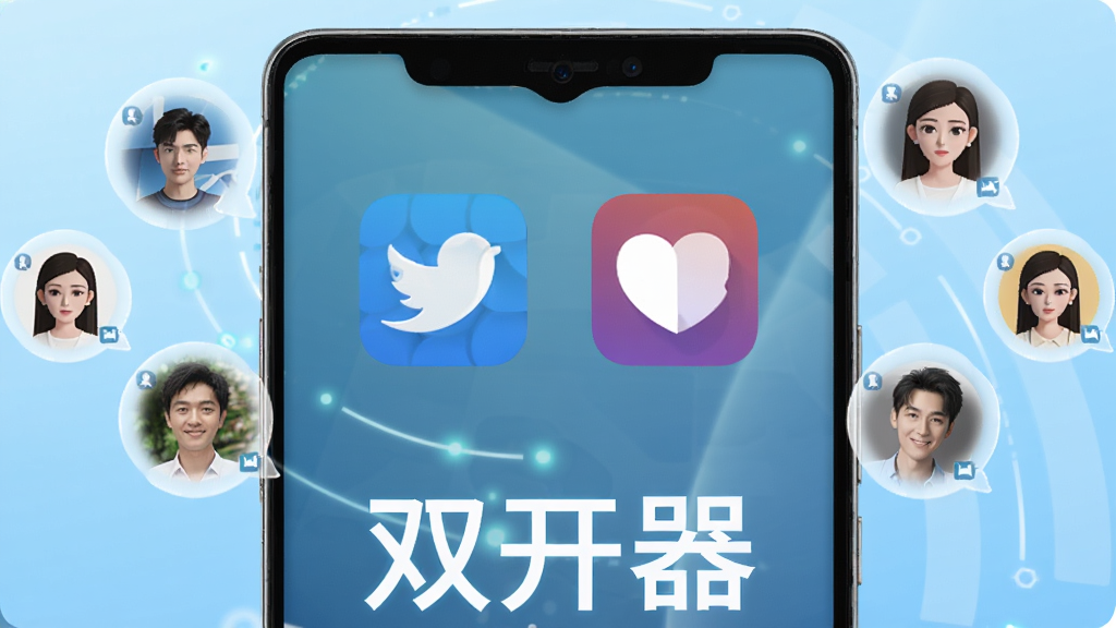 一部安卓手机屏幕中央显示两个并排的社交应用图标,手机周围环绕着代表多账号的圆形头像气泡,背景为浅蓝色科技感渐变,手机下方有