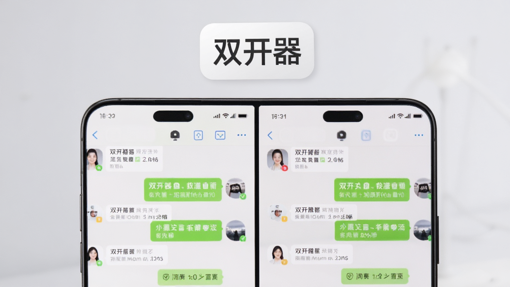 一部手机屏幕中同时打开两个相同的聊天界面,左右分屏显示不同账号的对话内容,界面清晰明亮,手机上方漂浮着