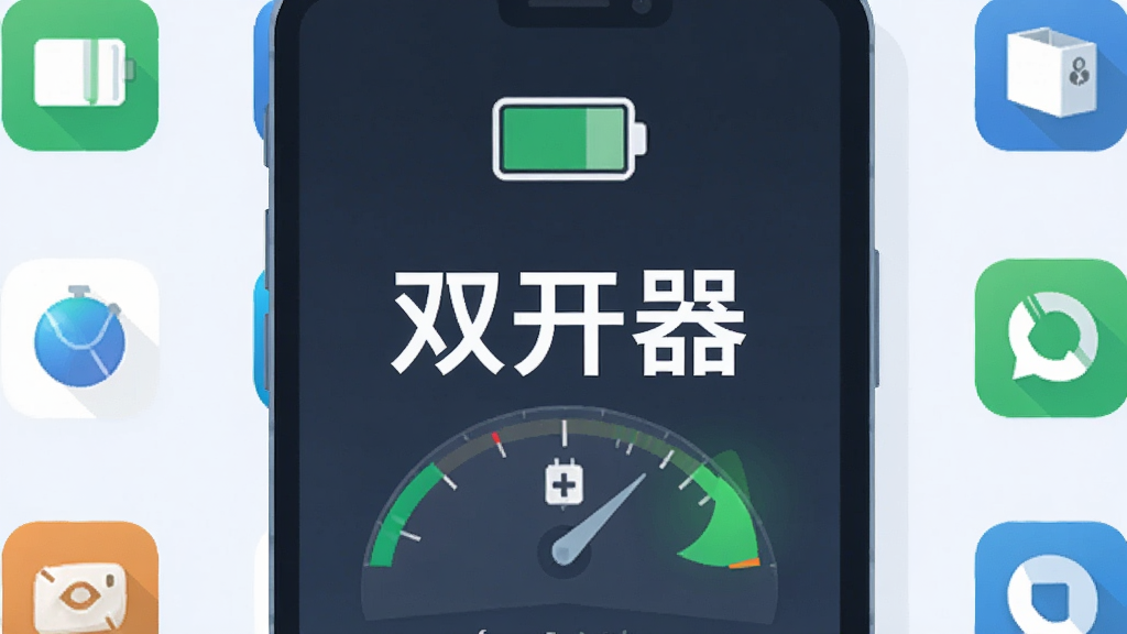 手机屏幕显示电池电量图标和性能仪表盘,指针指向绿色节能区域,旁边有多个应用图标整齐排列,画面中央有