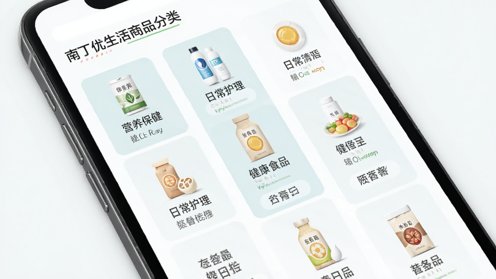 �϶���������Ʒ����ҳ�棬�ֻ���Ļչʾ���������Ʒ����ͼ�꣬����Ӫ���������ճ�����������ʳƷ�ȣ�ͼ���������룬����Ϊǳɫ�������࣬�����ˬ�����廭��