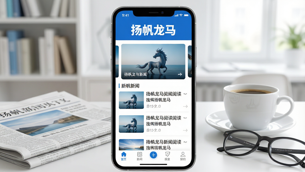 一幅展现扬帆龙马新闻阅读应用界面的场景图,画面中央是一部智能手机,屏幕显示扬帆龙马APP首页,顶部有醒目的“扬帆龙马”文字标识,页面布局包含轮播图、新闻列表和底部导航栏;手机周围环绕着报纸、咖啡杯、眼镜等阅读相关物品,背景为明亮的书房环境;整体风格清新现代,色彩以蓝白为主,画面干净整洁,无多余元素,高清画质,细节丰富,排版舒适,适合软件下载站展示。