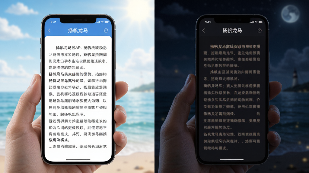一幅展示扬帆龙马离线阅读与夜间模式的对比图,画面分为左右两部分,左侧为白天模式下的手机阅读界面,背景明亮;右侧为夜间模式下的同一界面,背景深色,文字柔和;手机屏幕均显示扬帆龙马APP的文章页面,顶部有软件名称;整体风格写实,光影自然,画质细腻,无多余元素,适合功能对比展示。