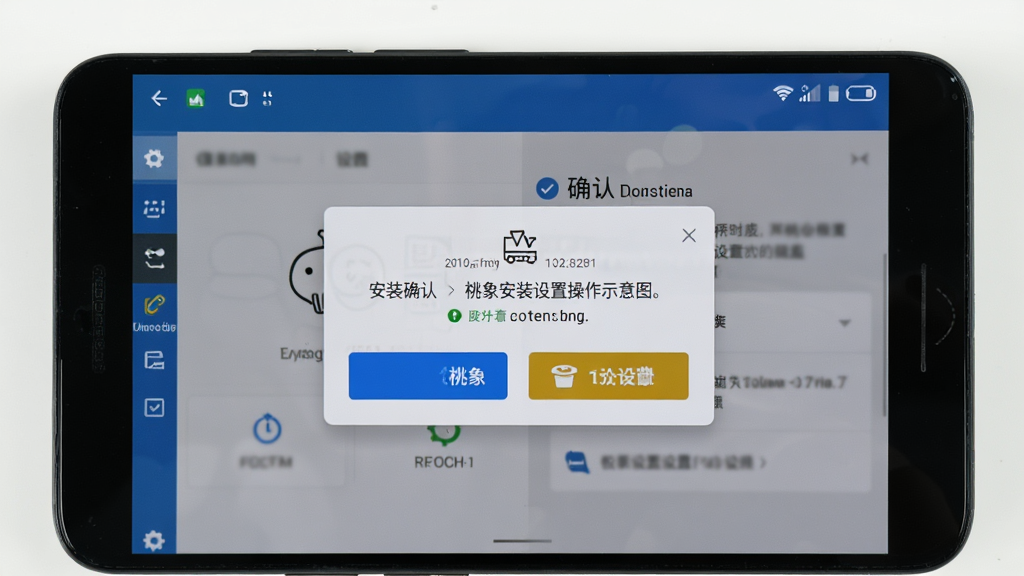桃象安装设置操作示意图,主体为安卓手机屏幕显示安装确认弹窗与权限设置界面,布局为上下分层,排版清晰,风格为手机UI截图风格,细节包括按钮高亮与提示文字,画质清晰,背景为浅色,无多余元素。