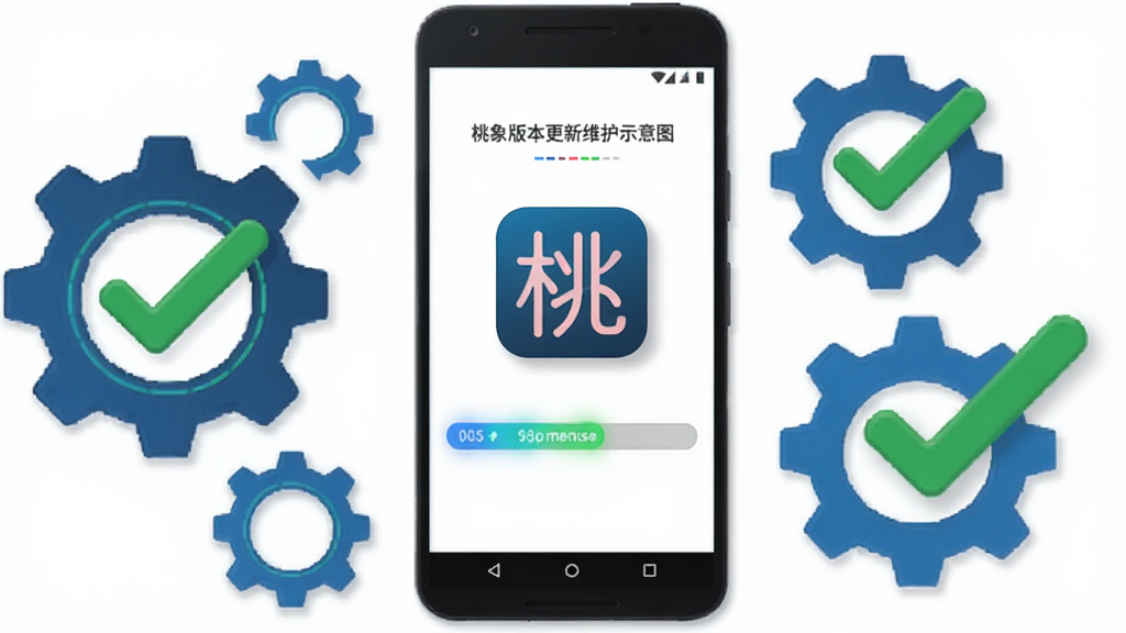 桃象版本更新维护示意图,主体为一部安卓手机显示更新进度条与桃象图标,周围环绕齿轮与对勾符号,布局为居中构图,排版简洁,风格为扁平化科技图标风格,细节包括进度条光效与图标阴影,画质清晰,背景为白色,无多余元素。