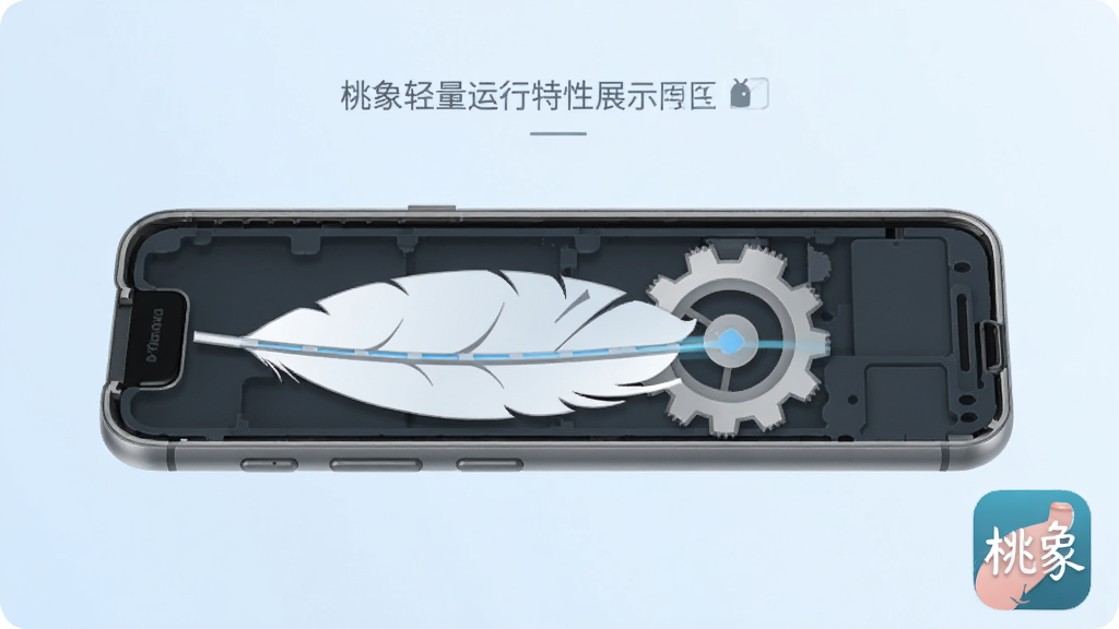 桃象轻量运行特性展示图,主体为一部安卓手机侧面剖视图,内部显示羽毛与齿轮组合的象征图形,表示轻量省电,背景为淡蓝色渐变,右下角带有桃象应用图标。布局居中,排版简洁,风格为扁平化科技插画,细节干净,画质高清,无多余元素。