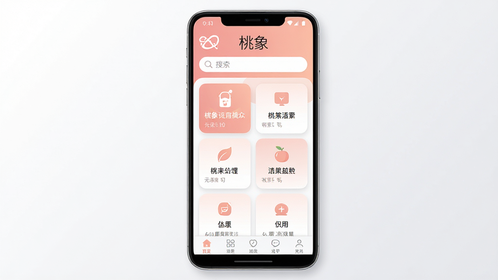 桃象应用主界面展示,主体为一部安卓手机正视图,屏幕中显示桃象应用首页布局,顶部为品牌标识与搜索栏,中部为功能卡片网格排列,底部为导航菜单。整体采用清新浅色风格,主色调为柔和的粉桃色与白色渐变,卡片带有圆角与轻微阴影,界面干净整洁。画质清晰,无多余元素,背景为纯白或浅灰渐变。