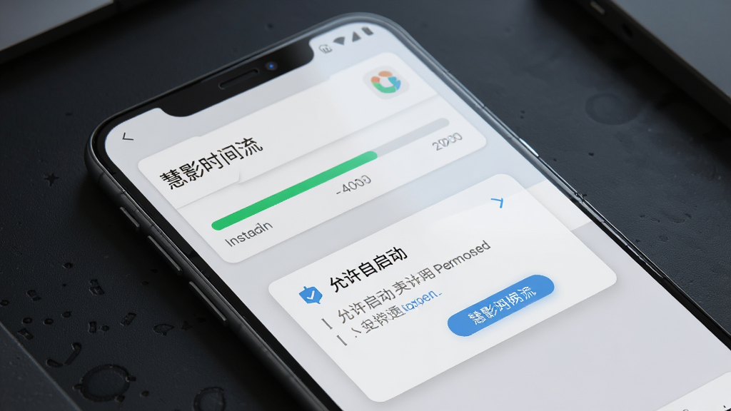 AI生图,画面展示一部安卓手机正在安装慧影时间流应用,屏幕显示安装进度条与权限请求弹窗,背景为深色桌面。布局为手机特写,风格为科技写实,细节包含“允许自启动”文字提示,画质清晰,干净无多余元素。