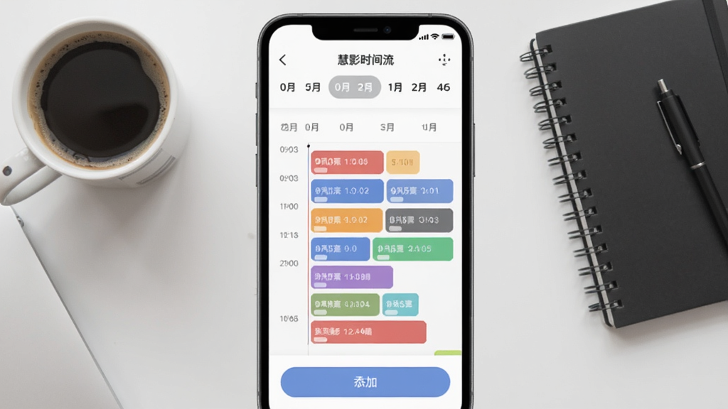 软件主界面概览图,画面中央展示手机屏幕,屏幕内呈现慧影时间流的时间轴视图,上方有日期切换栏,中部为彩色时间块排列,底部有添加按钮。背景为简洁桌面,旁边放着一杯咖啡和笔记本。风格为现代扁平化UI展示,细节清晰,画质干净,无多余元素。