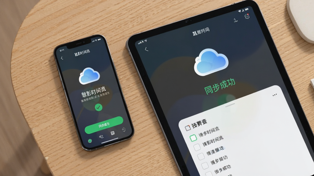 AI生图,画面展示一部手机与一台平板电脑并排放在木质桌面上,两块屏幕均显示慧影时间流的同步界面,界面中有云朵同步图标和待办列表。布局为俯视角度,风格为科技简约,细节包含屏幕上的“同步成功”提示文字,画质清晰,干净无多余元素。