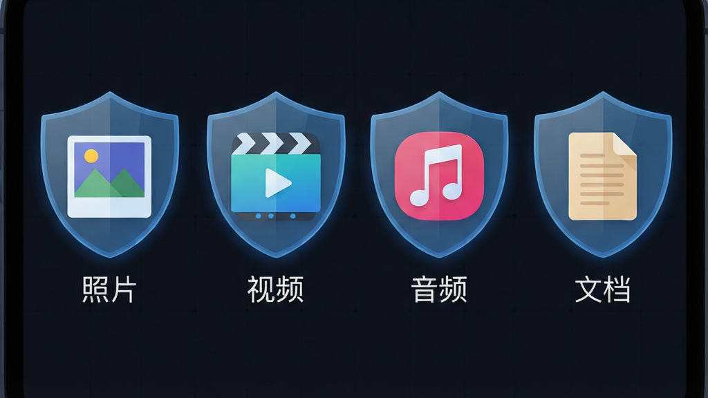 一个深色背景的智能手机界面截图风格插画,界面中央排列着四种文件类型图标,分别是照片图标、视频图标、音乐图标和文档图标,每个图标都被一个半透明的蓝色盾牌包裹,图标下方有中文标签“照片”“视频”“音频”“文档”,布局整齐对称,风格为扁平化科技风,细节包括图标边缘的微光和背景中的细密网格纹理,画质高清,干净,无多余元素