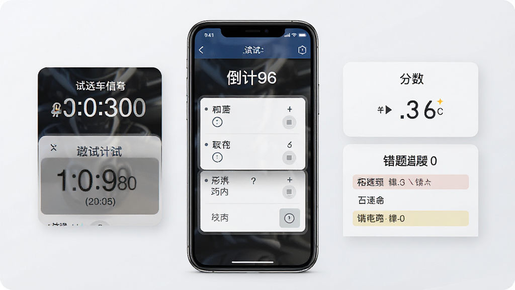 一张展示摩托车驾考过关模拟考试功能的预览图,画面中手机屏幕显示考试倒计时和选择题界面,旁边有分数面板和错题标记,主体为手机特写,布局居中,风格为写实科技风,细节上突出考试计时器和答题卡,画质清晰干净,无多余元素