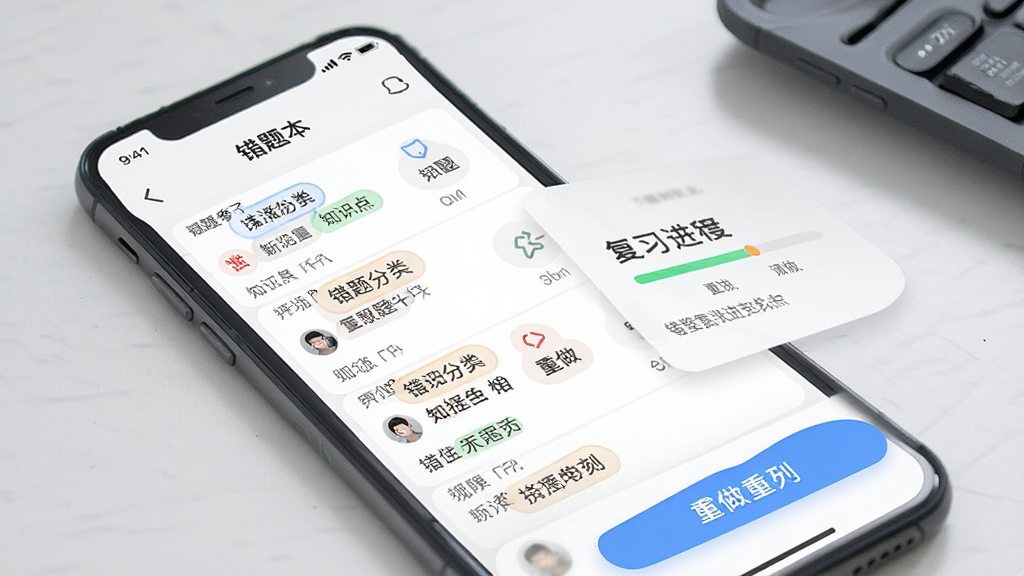 一张展示摩托车驾考过关错题本功能的预览图,画面中手机屏幕显示错题列表和知识点标签,旁边有复习进度条,主体为手机界面特写,布局清晰,风格为简约清新风,细节上突出错题分类和重做按钮,画质清晰干净,无多余元素