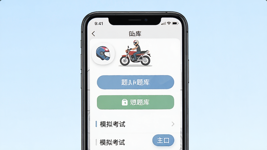 一张展示摩托车驾考过关软件主界面的预览图,画面中央是一部智能手机,屏幕上显示驾考刷题界面,包含摩托车图标和题库列表,背景是干净的浅蓝色渐变,布局简洁明了,风格为扁平化UI设计,细节上突出题库按钮和模拟考试入口,画质清晰干净,无多余元素