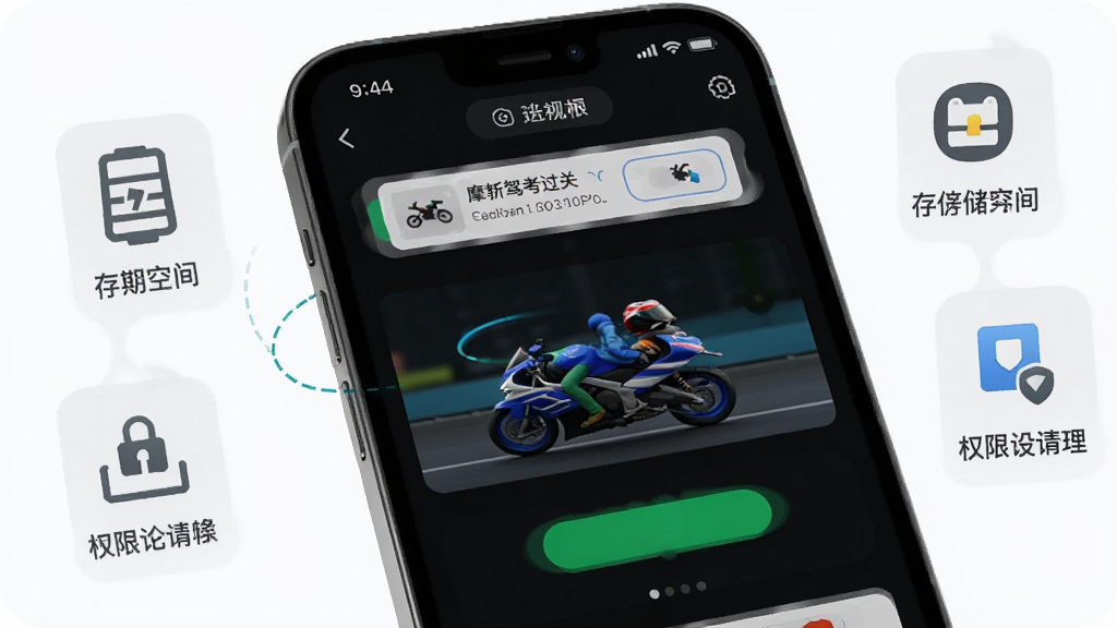 一张展示摩托车驾考过关在手机上稳定运行的预览图,画面中手机屏幕显示刷题界面和流畅的动画效果,旁边有存储空间和权限设置图标,主体为手机特写,布局简洁,风格为科技简约风,细节上突出运行流畅和权限管理,画质清晰干净,无多余元素