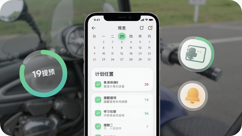 一张展示摩托车驾考过关学习计划功能的预览图,画面中手机屏幕显示日历视图和每日任务清单,旁边有进度环和提醒图标,主体为手机界面特写,布局居中,风格为柔和圆角风,细节上突出计划进度和提醒设置,画质清晰干净,无多余元素
