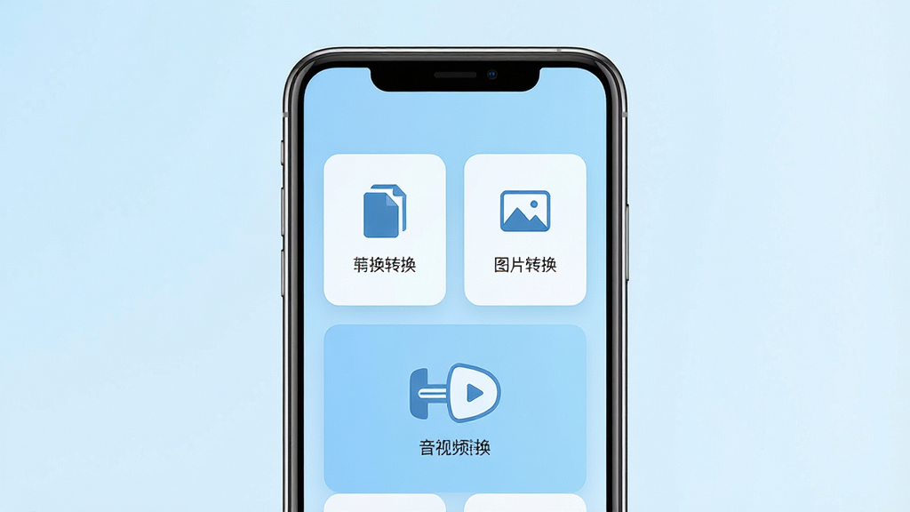 一张展示极简格式转换手机应用主界面的图片,画面中央是一部智能手机,屏幕上显示着极简格式转换的简洁UI,包含文档转换、图片转换、音视频转换等大图标按钮,背景是干净的浅蓝色渐变,风格清新现代,细节清晰,画质高清,无多余元素。