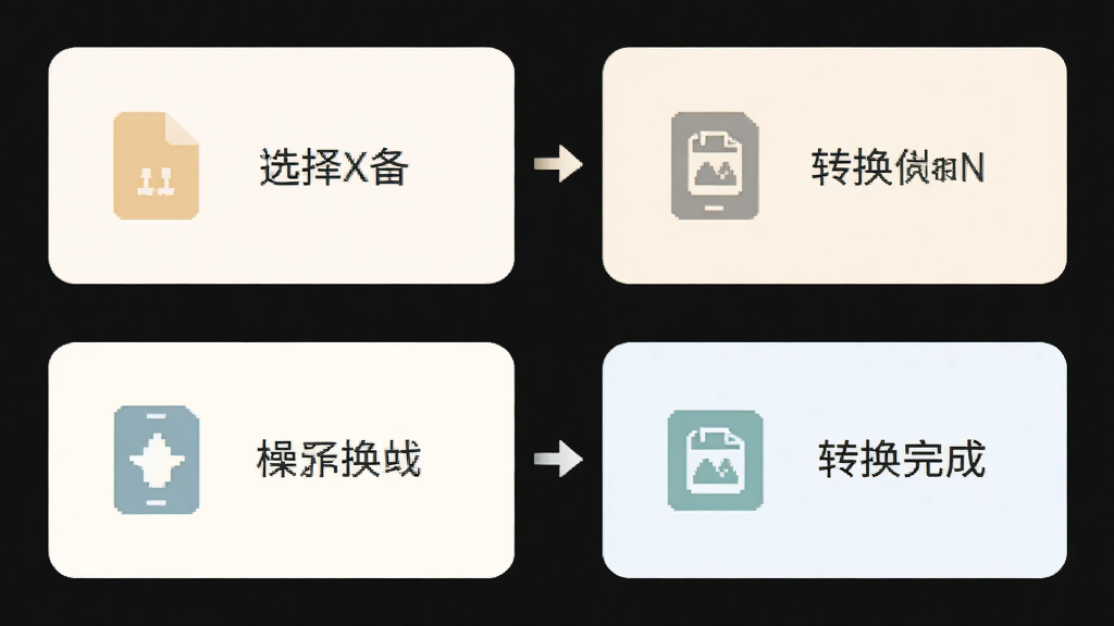 极简格式转换在手机上的操作流程图解,画面展示从选择文件到转换完成的四个步骤,每个步骤用简洁的图标和文字标注,风格扁平化,配色柔和,画质清晰,无多余背景元素。