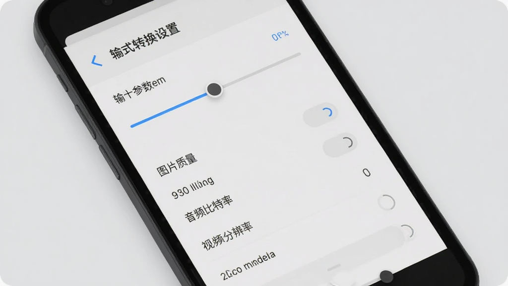极简格式转换设置界面展示图,手机屏幕上显示着输出参数调节滑块和选项,包括图片质量、音频比特率、视频分辨率等,界面布局清晰,风格极简,背景为浅灰色,画质高清,无杂乱元素。