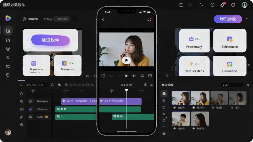 一张展示腾讯妙思软件界面的全景图,主体为手机屏幕居中放置,屏幕内显示腾讯妙思视频编辑界面,布局为上方预览窗口、下方时间轴与素材库,排版采用左右对称,风格为现代科技感扁平化设计,细节包括紫色渐变按钮、白色卡片式功能模块、清晰的功能图标,画质高清,干净无多余元素。