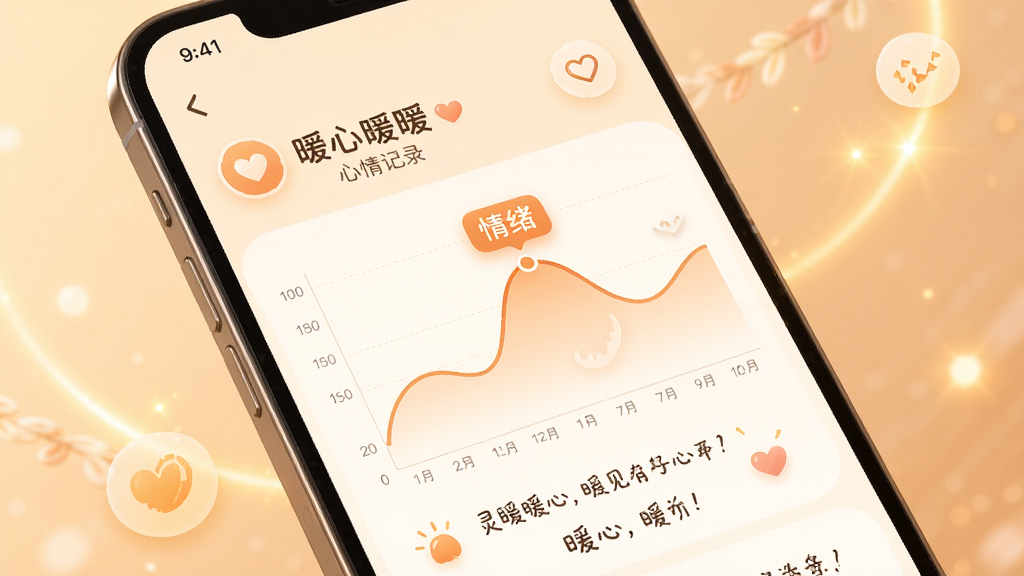 灵暖暖 心情记录界面 手机屏幕展示 暖色调背景 主体为情绪曲线图表与暖心文字 布局清晰 排版舒适 风格温馨治愈 细节包含柔和图标与温暖光效 画质高清 干净 无多余元素