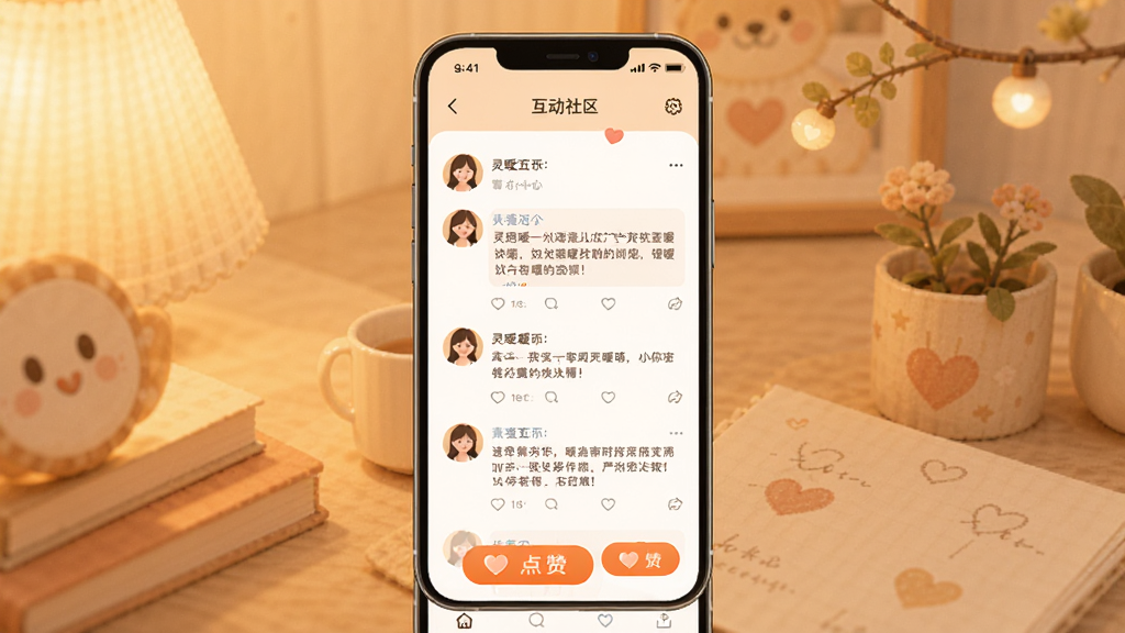 灵暖暖 互动社区界面 手机屏幕展示 暖色调背景 主体为社区帖子与点赞按钮 布局清爽 排版规整 风格友好温馨 细节包含用户头像与暖心评论 画质高清 干净 无多余元素